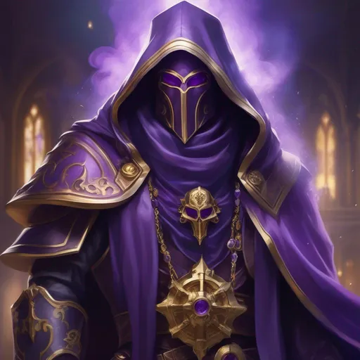Prompt: A male genestealer hooded cult leader, full face golden mask, cloack made of purple smoke(((handsome))), Perfect Arms, cast purple smoke, Skimpy Outfit, Cleavage Window, Purple Robes, golden Jewelry, Warhammer 40000, 