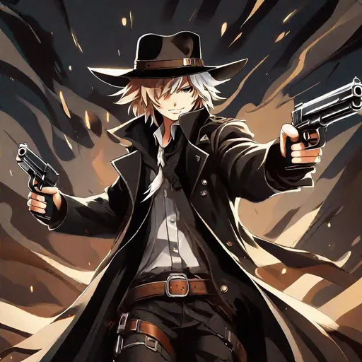 Prompt: insane, cute anime character with wavy brown and white color hair in black trench coat and cowboys hat with a psychotic smile in a pistol standoff Dual wielding 2 revolvers lead over the top unloading rounds, bar theme, dull background, zoomed out, aesthetic scars, hallucinations, power, high definition, professional brush strokes 