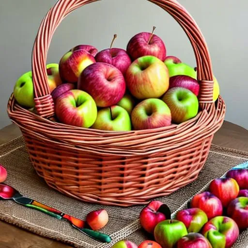 Prompt: A large wicker basket filled with multi colored chromatic apples, sitting on a table top, other fruit on the table 