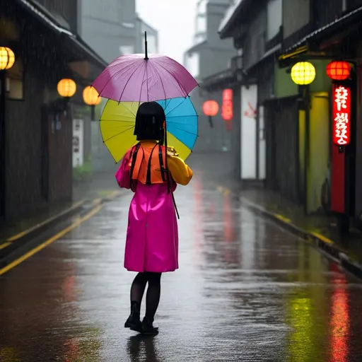 Prompt: A japanese girl holding an open re coloured umbrella on a rainy morning 