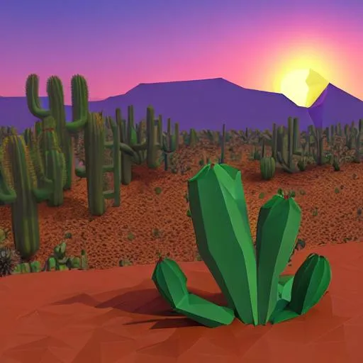 Prompt: low poly cactus, next to an eagle about to eat a mouse, desert, sunrise