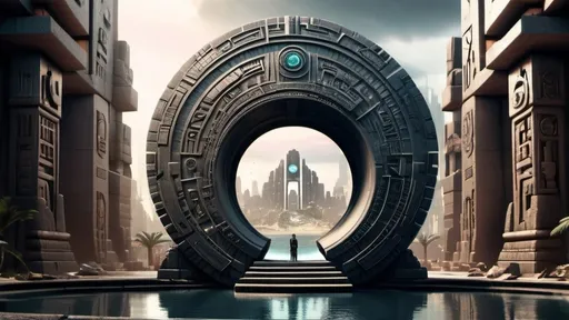 Prompt: magical portal between cities realms worlds kingdoms, circular portal, ring standing on edge, upright ring, freestanding ring, hieroglyphs on ring, complete ring, ancient aztec architecture, atlantis city plaza setting, panoramic view, futuristic cyberpunk tech-noir setting