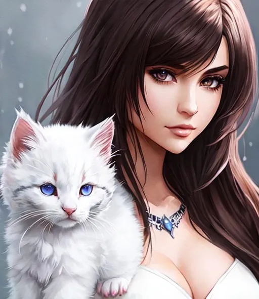 Prompt: a final fantasy watercolor concept art with (( little white dragon kitten in background)) on shoulder of kylie jenner, 25 years old, dark brown hair, realistic face, in white Dragoon Artifact armor, parted bangs, brown eyes, ethereal, jewelry set balayage wild hair, royal vibe, highly detailed, digital painting, Trending on artstation , HD quality, tan skin, Big Eyes,artgerm,by yoshitaka amano