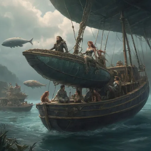 Prompt: 
the airship has taken flight.
The airships version of a tether, is a
 shipboat.
on that tether of an air boat, is merman military. Beautiful mermaids sits along side the man in the black hoody, comfortably as the boat takes flight