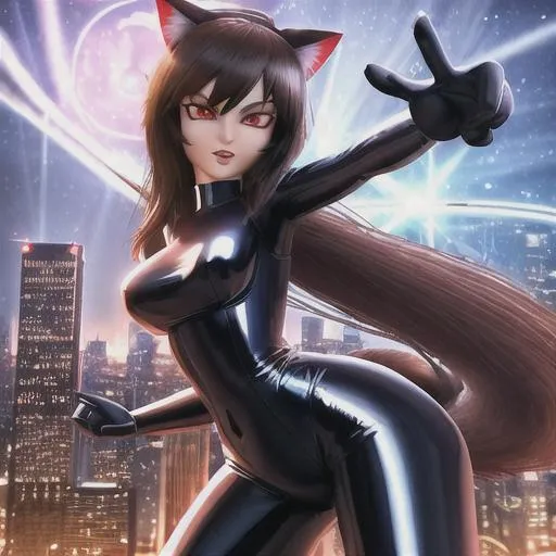 Prompt: 3d model of Elastigirl with cat ears, cat paws, cat tail, ((dynamic pose)), ((shiny metallic suit)), ((glowing eyes)), and ((city skyline backdrop)).