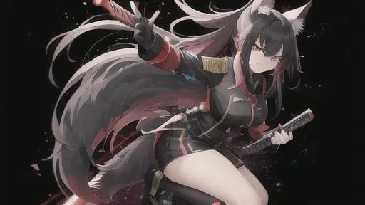 Prompt: A kitsune with black eyes and red pupils, a black skintight combat uniform, a bloody katana in her hand and smile malicously at the camera, full body, white hair with black streaks.