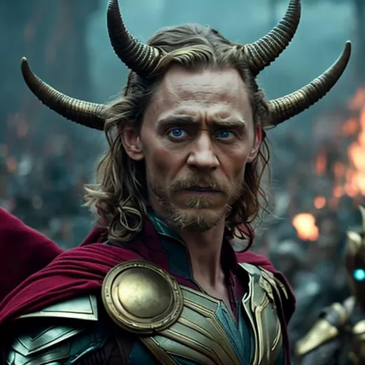 Prompt: tom hiddleston close up young as in thor ragnarok, looking like a satyr with horns and pointing ears and long shoulder-length hair wearing steampunk style clothes