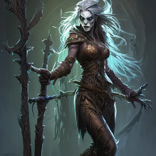 Prompt: Full body splash art of a female undead zombie sorceress, very long light brown hair, wearing long light-colored iridescent robe, carrying a wooden staff, D&D, fantasy, highly detailed, sharp focus, digital painting, artstation, concept art, 4k, 8k