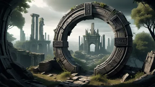 Prompt: magical portal between cities realms worlds kingdoms, circular portal, ring standing on edge, upright ring, freestanding ring, hieroglyphs on ring, broken ring, ruins, crumbling pillars, broken archways, ancient roman architecture, forest wilderness setting, panoramic view, futuristic cyberpunk tech-noir setting