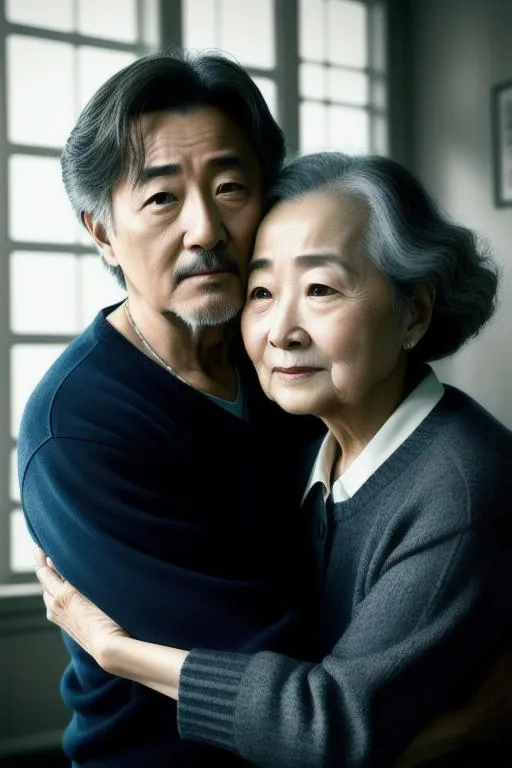 Prompt: Masterpiece, photorealistic,  fullbody portrait+ style; artistic pose in motion, woman and man couple at a room of cotage, hugging. Park min-young as old woman and park seo-joon as old man. Up-close focus, Highly detailed face, hyperrealistic, UHD, HD, 8k. Dark ambient, volumetric lighting. Old woman has symmetrical detail face feature, lovely look, bushy eyebrows, long hair with a fringe, hugeboobs, wearing kimono. Old man has dark skin, facial hair, short hair with fringe, detailed face features, transparent brown eyes, simple tattoo. 
Perfect composition, best angle, natural volumetric lighting.