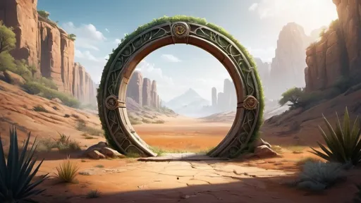 Prompt: circular portal, gateway between desert world and forest world, forest inside gate, ring, ring standing on edge, freestanding ring, complete ring, panoramic view