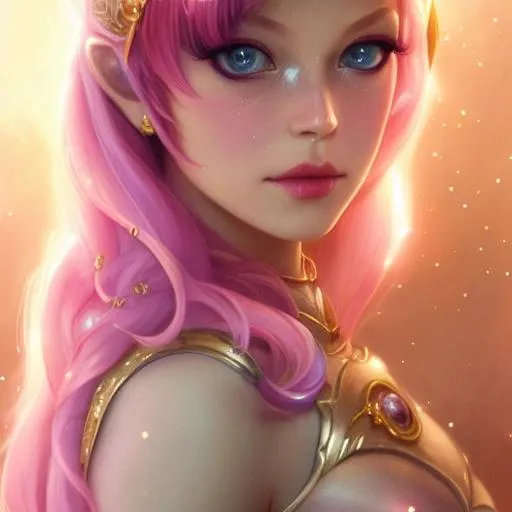 Prompt: glowing, shimmer, fantasy, mage, close up portrait of cute peach princess character, well lit, atmospheric,  character design, gold freckles, highly detailed, fantasy character illustration, portrait, beautifully lit, ethereal, bleak, art by stanley artgerm, peter mohrbacher, Brian Froud, rossdraws, guweiz and wlop and ilya kuvshinov and artgerm and makoto shinkai and studio ghibli. art by Stanley Artgerm, Charlie Bowater, painting by daniel f gerhartz, art by Andrew Atroshenko, orange, yellow and black, long wavy hair, tight cleavage,  pink sun flowers poppies, dramatic makeup, highly detailed girl by artgerm and Edouard Bisson, highly detailed oil painting, portrait of a beautiful person, art by Stanley Artgerm, Charlie Bowater, Atey Ghailan and Mike Mignola,