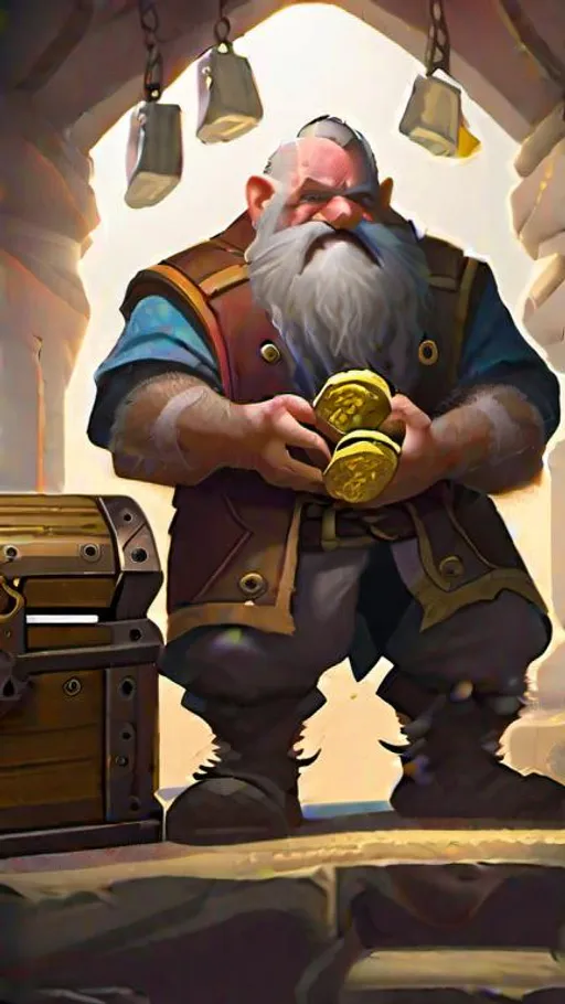 Prompt: dwarf with a treasure chest full of coins and gems, by justin gerard and greg rutkowski, digital art, realistic painting, dnd, character design, trending on artstation