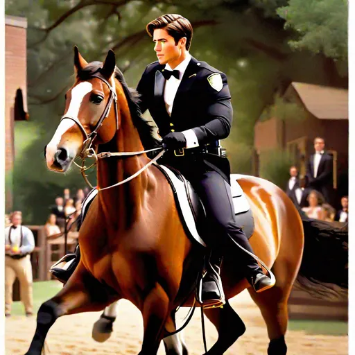 Prompt: Caleb  as a police officer (brown hair) (brown eyes) wearing a tuxedo, full body, riding a horse, pulling back on the reins, making the horse on its hind legs rearing  up, two large doors directly behind him, center, front-facing, stopping a wedding, objecting, still image