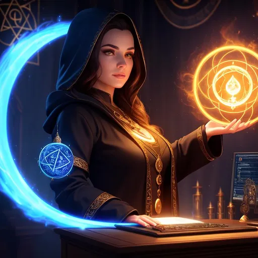 Prompt: front view of female sorcerer standing before a glowing chaotic orb, dark hair summoning wealth, protection, aura, sci screen in background, computer and skull on a desk, alchemy on a desk, papers, several amulets, dark clothing, black jacket with hood, long flowing hair, magical runes, occult, runic symbols, enochian, realistic eyes, apostate, vivid colors, masterpiece, art by HR Giger, dark contrast, 3D lighting, nighttime in the heavens, background