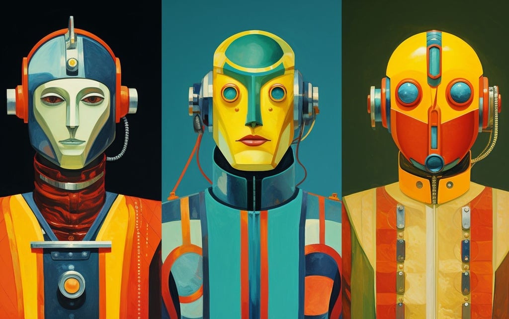 Prompt: image copyspace – how robots can give us happiness, in the style of milton glaser, superheroes, focus on joints/connections, dark blue and teal, frantisek kupka, symmetrical composition, colorful costumes