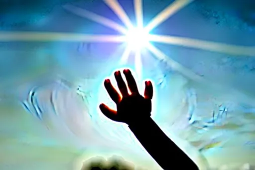 Prompt: a infants hand reaching towards the sun