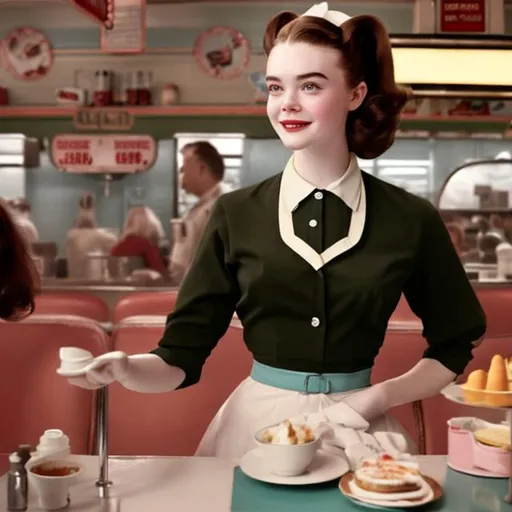 Prompt: Elle Fanning as a 1950s era waitress at a diner with brunette hair.