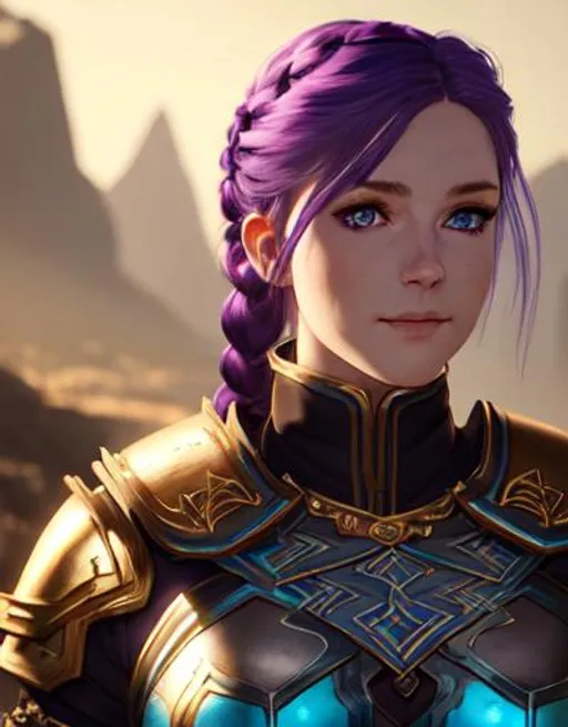 Prompt: Watercolor, 20-year-old woman viking, light blue eyes, subtle smile, dark purple hair, one braid, black gear, gold armor, unreal engine 8k octane, 3d lighting, full body, full armor