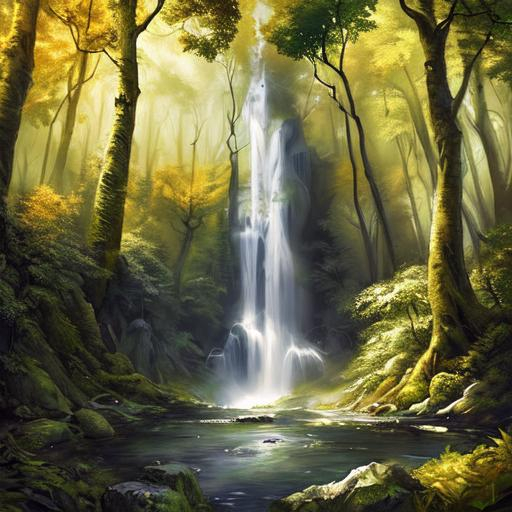 Trees are dancing in a sunny forest glade, a waterfa... | OpenArt