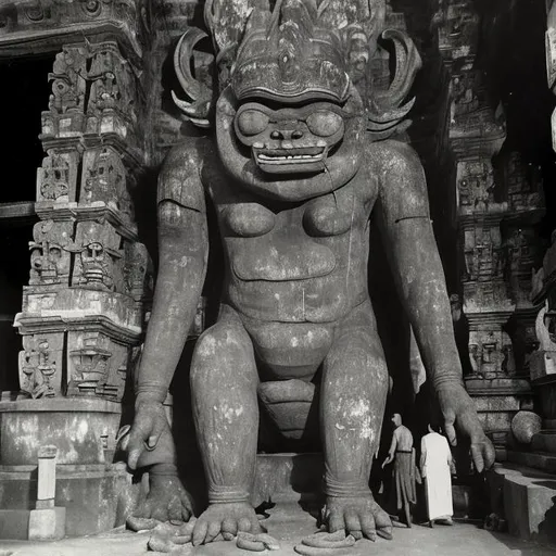 Prompt: giant creature found in Indonesia temple circa 1950
