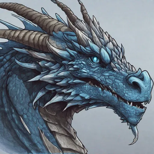 Prompt: Concept design of a dragon. Dragon head portrait. Coloring in the dragon is predominantly dark gray with subtle blue streaks and details present.