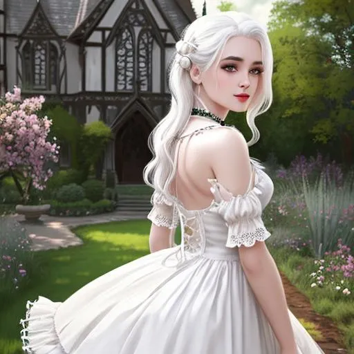 Prompt: Girl, white hair, beautiful, perfect detail, background gothic garden, back to the camera, 40s look style dress, UHD, details, draw realistic,