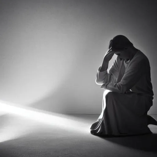 Prompt: Angel praying in a dark corner under a ray of light
