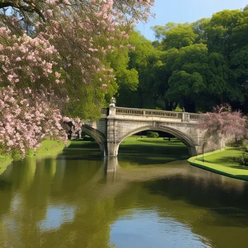 Prompt: Royal campus with a long water area with a bridge over it that has flowers 