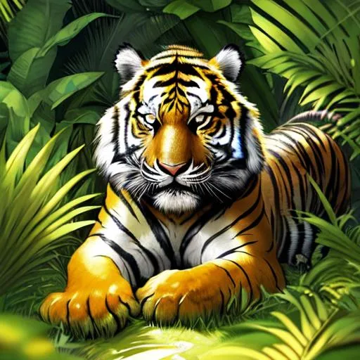 Prompt: A shiny mythical black and gold tiger laying in a patch of grass in a tropical jungle next to a magical golden jungle temple