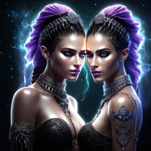 Prompt: HD 4k 3D 8k professional modeling photo hyper realistic two twin beautiful women ethereal evil greek goddesses of curses
white cornrows hair dark eyes gorgeous face pale skin black feathered dress tattoos headpiece full body surrounded by magical glowing light hd landscape background dark underworld caves