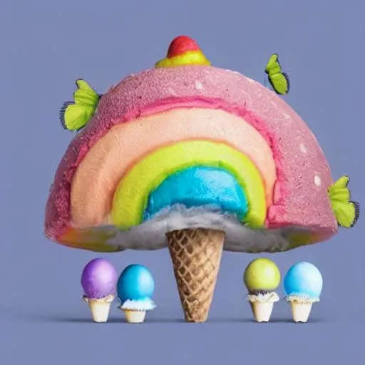 Prompt: Two rainbow pastel kittens with butterfly wings sit on top of a toadstool mushroom  share an ice cream with sprinkles 