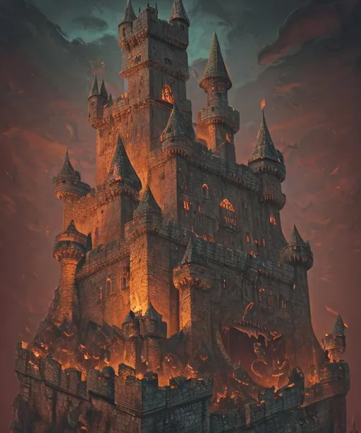 Prompt: a castle with anthropomorphic dragon warriors guarding it. skulls on sticks, skulls on pikes, kobolds, dragons, kher keep, medieval fort, ancient ruins, muted colors, Victorian, gothic, dark, Masterpiece,  photo quality,  cinematic light, ((depth of field)), fractal isometrics details, trending on artstation Isometric Centered hyperrealist cover photo awesome full color, gritty, glowing shadows, high quality, high detail, high definition, dark fantasy