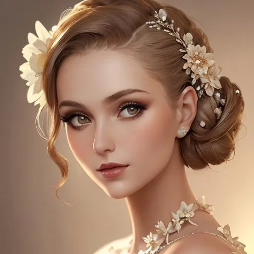 Prompt: Beautiful woman portrait wearing a cream evening gown, elaborate updo hairstyle adorned with flowers, facial closeup