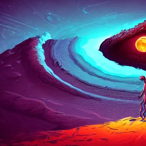 Prompt: 4k, high res, digital art, style of android jones, style of H R Geiger, 
 of a small frightened neon alien, alone, standing by a big hole, giant black hole, cylinder hole in the middle of the desert, sandworm, Dune, ominous, middle of the desert, dark sky, blue moon, shadowed obelisks, alien plant life, small fluorescent scorpions sparsely scattered on the ground, symmetrical, geometric patterns, cyberpunk color scheme, cyberpunk tech, creepy, psychedelic, tentacles, stark bold lines, angular, mirrored right to left, very symmetrical, right to left symmetry, triangle, square, hexagon 