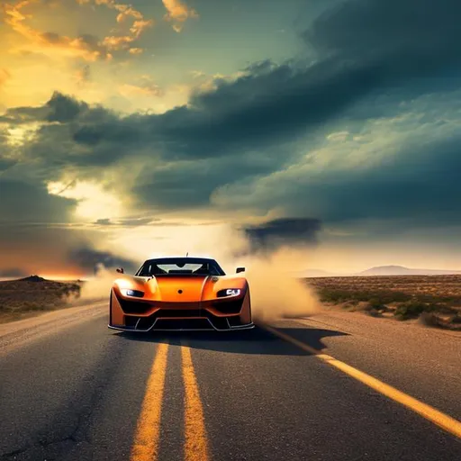 Prompt: supercar photo, 8k uhd, high quality, road, sunset, motion blur, depth blur, cinematic, cinematic 4k, 8k image in [mad max george miller] style. The image should be [super realistic] with [high resolution], shot in [natural lighting]. Lighting should create [soft shadows] and show [raw] and [vivid colors], volumetric dtx, depth blur, blurred background, bokeh (motion blur: 1,001).