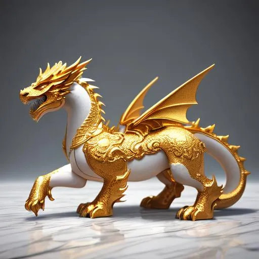 Prompt: White marble dragon with golden marking and canine like features, 8k, high quality, trending art, sharp focus, studio photo, intricate details, highly detailed, vintage, octane render, ray traced lighting and reflections