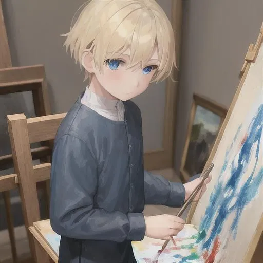 Prompt: a child boy with blue eyes and blonde hair making a painting on an easel.
