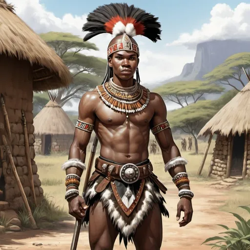 Prompt: Full body, Fantasy illustration of a male zulu warrior, 20 years old, kind expression, traditional garment, high quality, rpg-fantasy, detailed, zulu village background