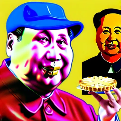 Prompt: Capitalist propaganda poster of Mao Zedong eating apple pie and buying Bitcoin on a computer, vivid colors, cinematic lighting, overcast