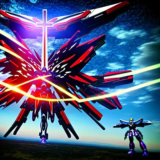 Prompt: HDR, UHD, 64K, highly detailed ultimate gundam pegasus and a glowing detailed ufo hovers, big symmetric cross symbol between, rhads, global illumination, surrounding forest, devil may cry