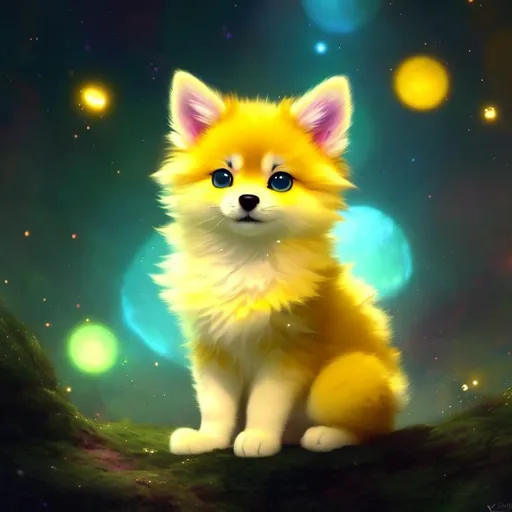 Prompt: Cute, yellow, fluffy, fantasy light puppy, with lighting, yellow eyes, yellow fur, and possessing the element of space and making circles of lighting stripes
 move around in the air in a magical way, in a space background. Perfect features, extremely detailed, realistic. Krenz Cushart + loish +gaston bussiere +craig mullins, j. c. leyendecker +Artgerm.