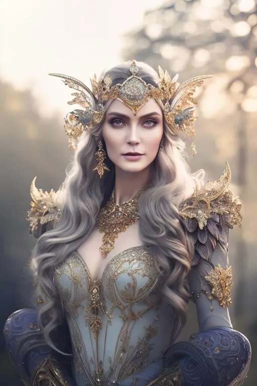 Prompt: portrait full length body, fantasy, intricate, elegant, highly detailed, photo realistic portrait of fey woman, centered in frame, facing camera, symmetrical face, ideal fey human, 85mm lens,f8, photography, ultra details, natural light, light background, photo, Studio lighting
