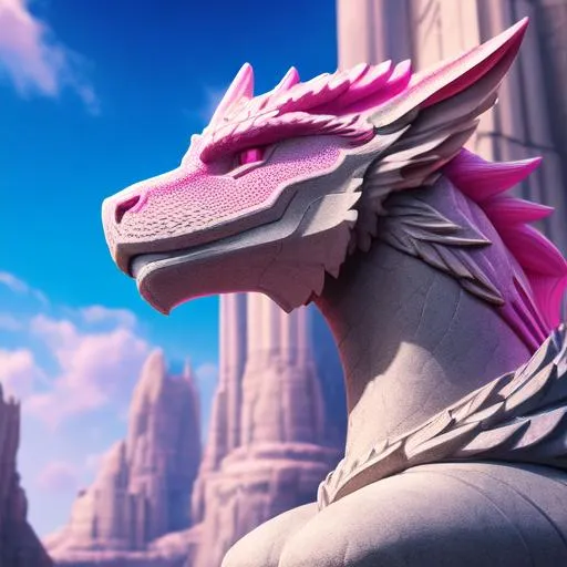 Prompt: CINMATIC FUTURISTIC portait FACE of a pinkish canine medieval dragon, STONE STATUE POSE, The overall aesthetic of the SCENE IS stylish and elegant, with a nod to vaporwave coloration and themes. 16K HDR