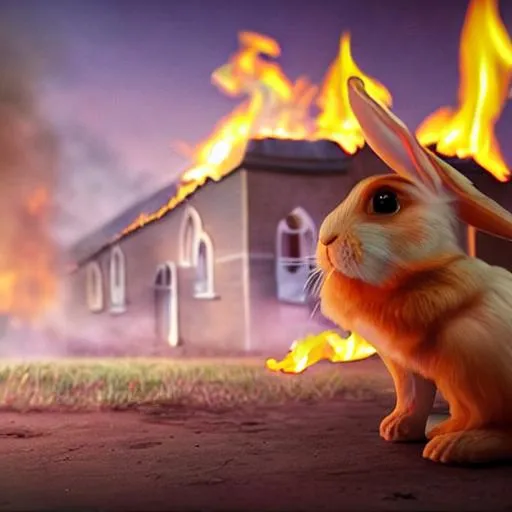 long shot, rabbit setting church on fire, cute, dar...