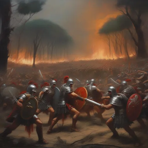 Prompt: painting of a Dark fantasy roman legion fighting barbarians battle in a large dark forest, big battle Several some warriors are wounded on foreground, some warriors are fighting on foreground, some blood stains on sand, clouded sky in background, rain, thunderstorm in background, black sand, fire in background Drawn in retro fantasy style, coloured full body, whole figure. A scifi roman legionary. He wears a crested helmet and a mask with visor. He stand ready for battle. Rpg art. anime art. 2d art. 2d. well draw face. detailed.