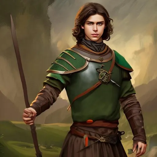 Prompt: fantasy handsome young brunette peasant, leather wrist cuffs
light brown hair
green eyes
medieval epic painting
