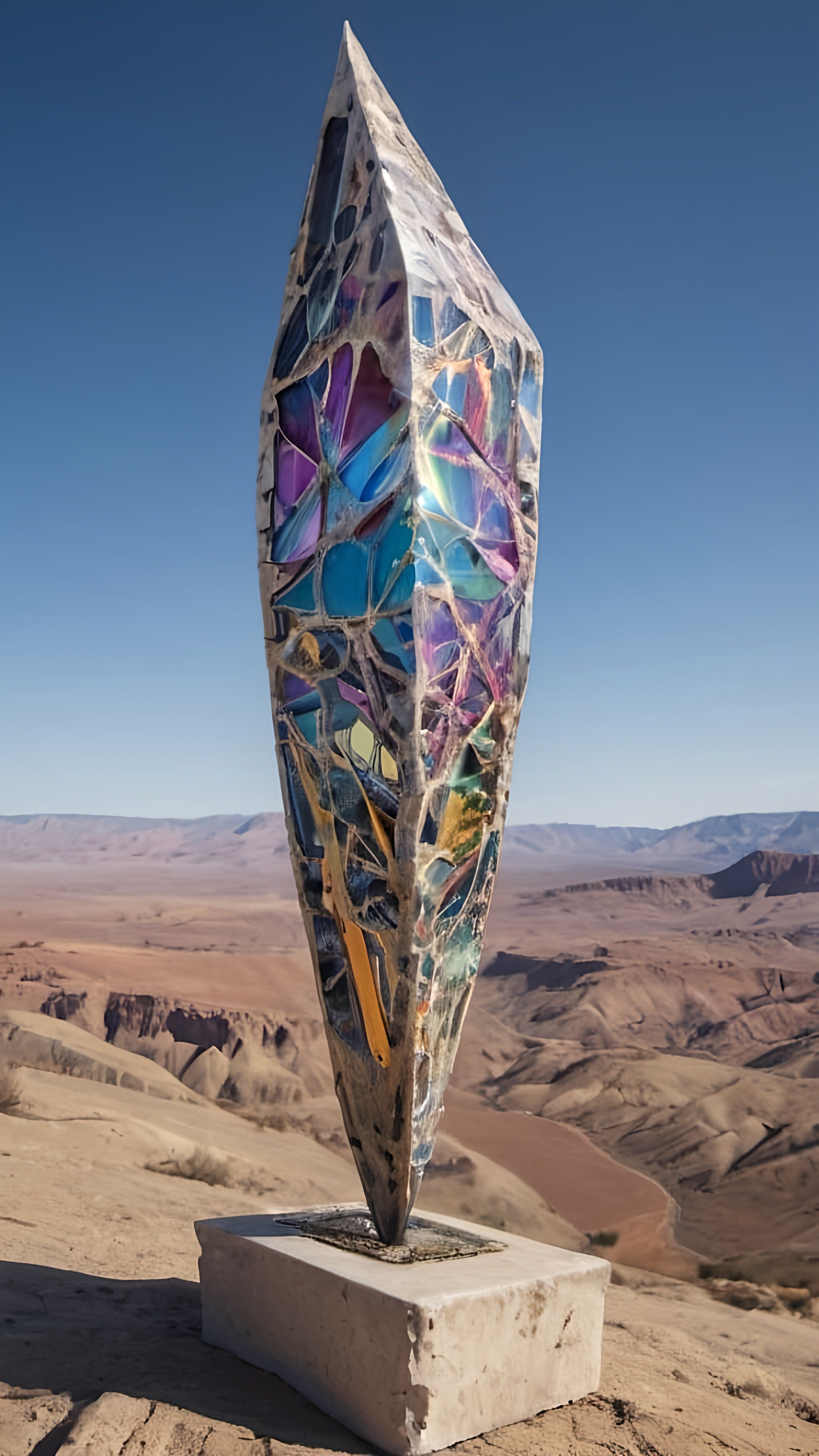 Prompt: a sculpture of a large piece of art on a rock in the desert with mountains in the background and a blue sky