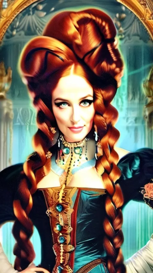 Prompt: Rococo era portrait of a ginger woman with braid with poison flowing from the right side of the mouth, dripping from the chin, making a hole on the dress, reaching the breast, oil painting, luxurious clothing