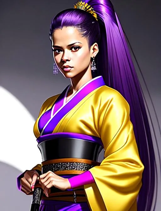 Prompt: Gugu Mbatha, 18 years old, ponytail, sleeveless, purple hair, brown eyes, battlefield, holding a sheathed katana in hand, ethereal, yellow traditional kimono outfit, jewelry set,stunning, royal vibe, highly detailed, digital painting, Trending on artstation , HD quality, tan skin,artgerm,  by Ilya Kuvshinov 